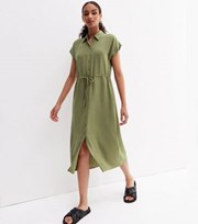 New Look Olive Short Sleeve Drawstring Midi Shirt Dress